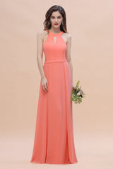 Simple Jewel Sleeveless Coral Chiffon Bridesmaid Dress Online