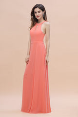 Simple Jewel Sleeveless Coral Chiffon Bridesmaid Dress Online