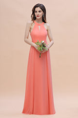 Simple Jewel Sleeveless Coral Chiffon Bridesmaid Dress Online