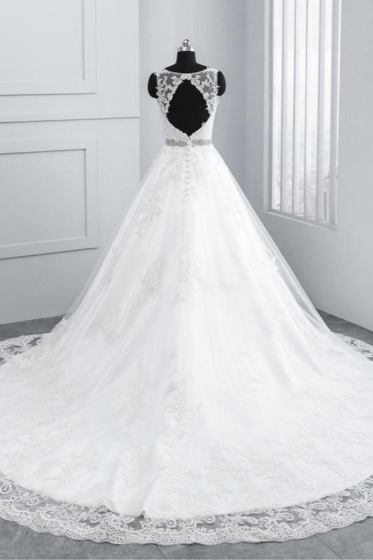 Simple Jewel Tulle Lace Wedding Dress A-Line Appliques Beadings Bridal Gowns with Sash Online