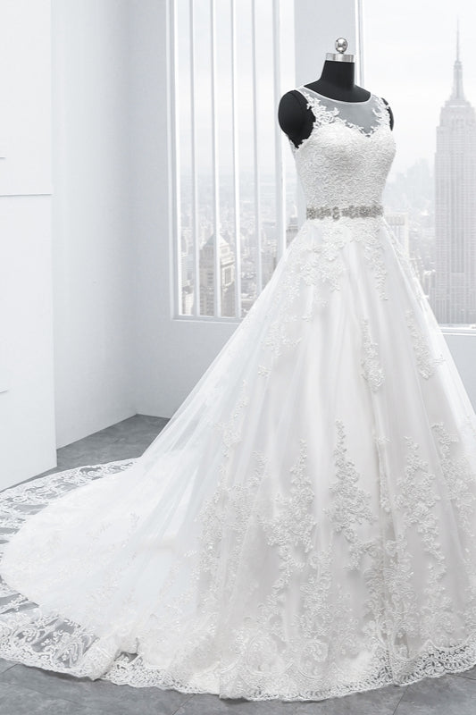 Simple Jewel Tulle Lace Wedding Dress A-Line Appliques Beadings Bridal Gowns with Sash Online