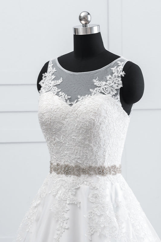 Simple Jewel Tulle Lace Wedding Dress A-Line Appliques Beadings Bridal Gowns with Sash Online