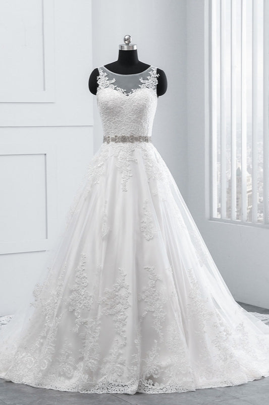 Simple Jewel Tulle Lace Wedding Dress A-Line Appliques Beadings Bridal Gowns with Sash Online