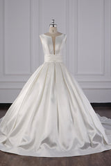 Simple Jewel White Satin Wedding Dress Sleeveless Ruffles Bridal Gowns On Sale