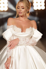 Simple Long A-Line Off-the-Shoulder Princess Satin Lace Wedding Dress with Long Sleeves