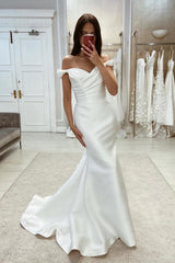 Minimalist Long Mermaid Off-the-shoulder Satin Wedding Dress