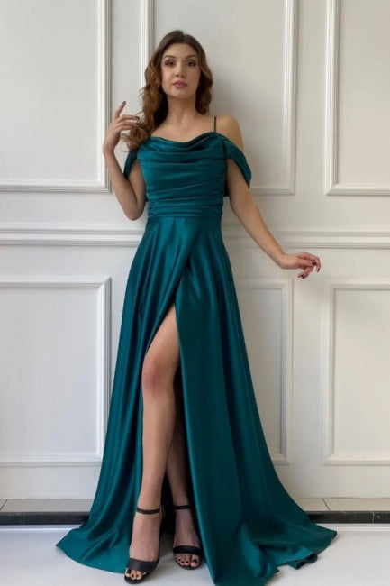 Sleek Long Off-the-Shoulder A-line Evening Dresses Prom Gowns Featuring Slit