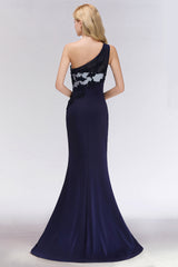 Simple Mermaid One-Shoulder Navy Bridesmaid Dresses with Slit