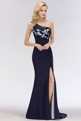 Simple Mermaid One-Shoulder Navy Bridesmaid Dresses with Slit