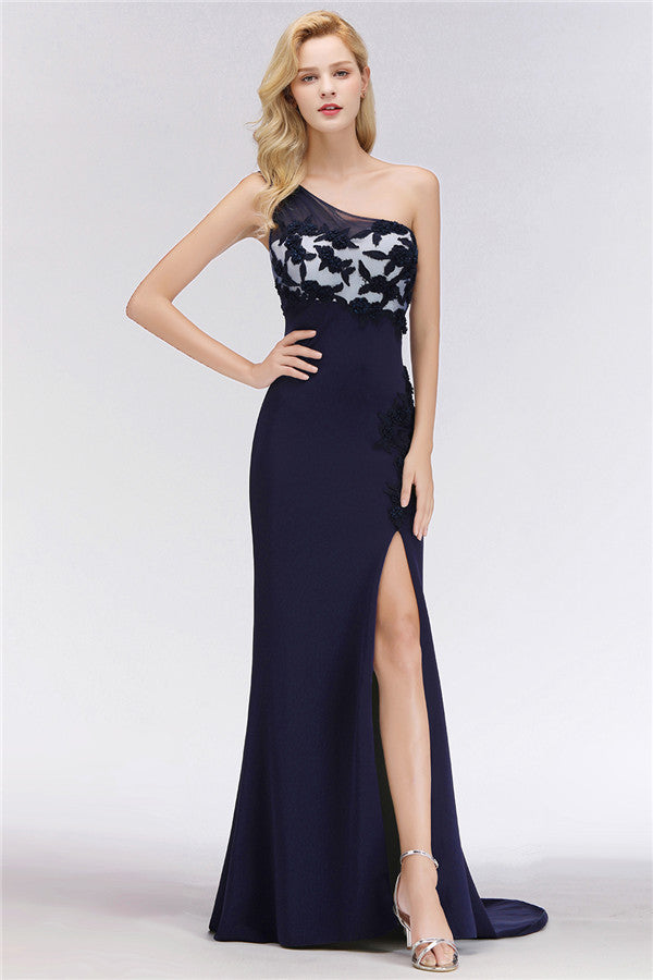 Simple Mermaid One-Shoulder Navy Bridesmaid Dresses with Slit