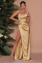 Simple One Shoulder Slit Long Prom Dress With Satin Side