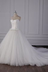 Simple Spaghetti Straps Satin Wedding Dress Tulle Ruffles Sleeveless Bridal Gowns Onlien