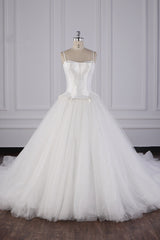 Simple Spaghetti Straps Satin Wedding Dress Tulle Ruffles Sleeveless Bridal Gowns Onlien