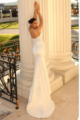 Simple Spaghetti Straps Sleeveless Mermaid Satin Wedding Dress Adorned with Lace