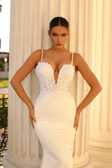 Simple Spaghetti Straps Sleeveless Mermaid Satin Wedding Dress Adorned with Lace