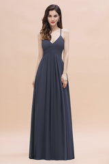 Simple Spaghetti Straps Stormy Chiffon Bridesmaid Dress with Ruffles On Sale