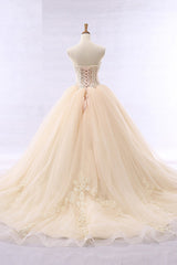 Simple Strapless Champagne Tulle Wedding Dress Sweetheart Sleeveless Appliques Bridal Gowns with Beadings On Sale