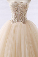 Simple Strapless Champagne Tulle Wedding Dress Sweetheart Sleeveless Appliques Bridal Gowns with Beadings On Sale