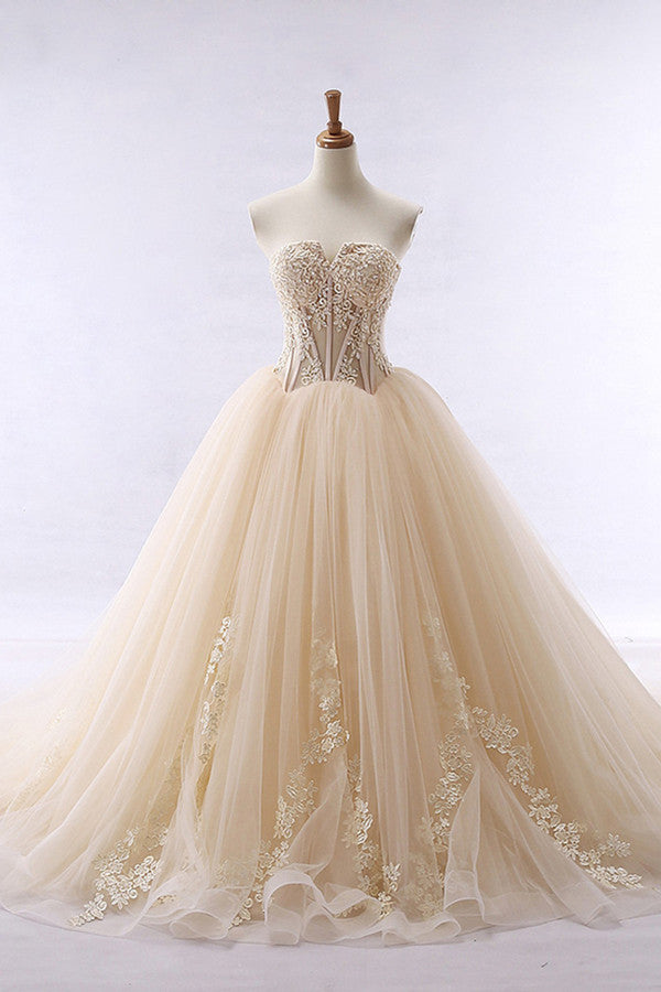 Simple Strapless Champagne Tulle Wedding Dress Sweetheart Sleeveless Appliques Bridal Gowns with Beadings On Sale