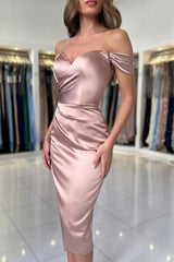 Simple Sweetheart Off-the-Shoulder Cap Sleeve Column Satin Evening Dress with Ruffles