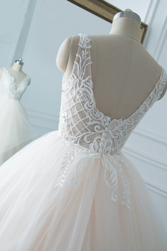 Simple V-Neck White Tulle Wedding Dress Sleeveless Lace Top Bridal Gowns with Beadings On Sale