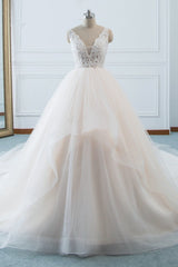 Simple V-Neck White Tulle Wedding Dress Sleeveless Lace Top Bridal Gowns with Beadings On Sale