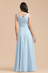 Sky Blue Chiffon Long Bridesmaid Dress Ruched