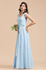 Sky Blue Chiffon Long Bridesmaid Dress Ruched