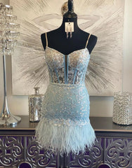 Sky Blue Corset Lace Tight Short Homecoming Dress with Feather Details