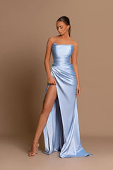 Sky Blue Prom Dress Mermaid Strapless With Slit