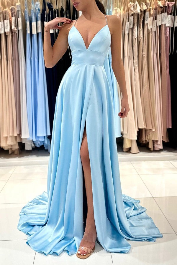 Sky Blue Spaghetti-Straps Prom Dress Split Long On Sale