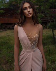 Sleeveless Long Front Slit Prom Dress With Beads