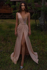 Sleeveless Long Front Slit Prom Dress With Beads