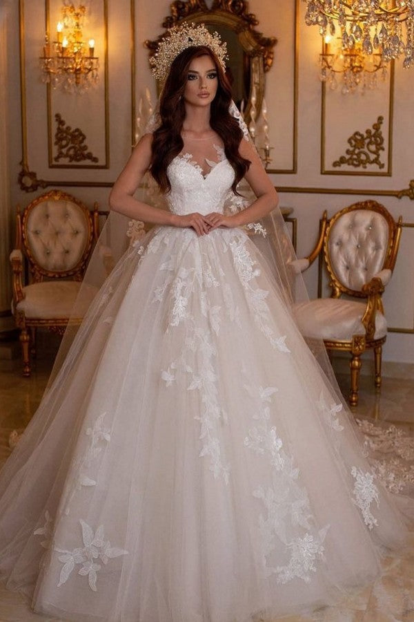 Sleeveless Princess Tulle Wedding Dress With Appliques