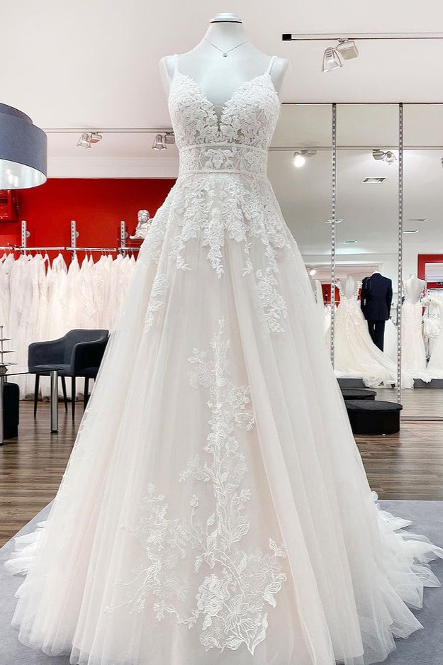 Sleeveless Tulle V Neck Ruffles Wedding Dresses With Lace