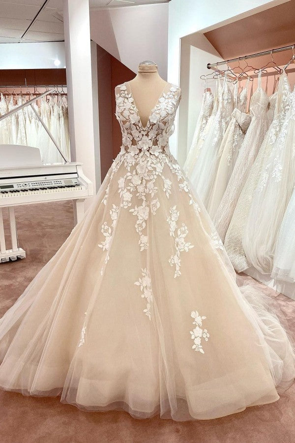 Sleeveless V-Neck Wedding Dress Long With Appliques