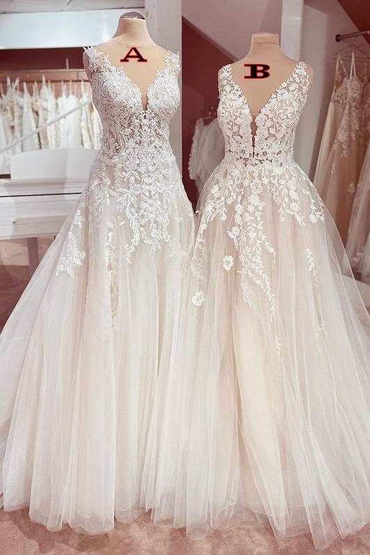 Sleeveless Wedding Dress Lace Appliques Tulle