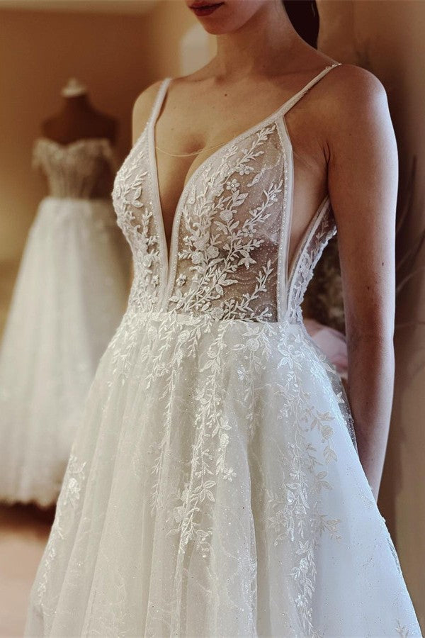 Spaghetti-Straps Bridal Dress V-Neck Sleeveless Tulle Appliques