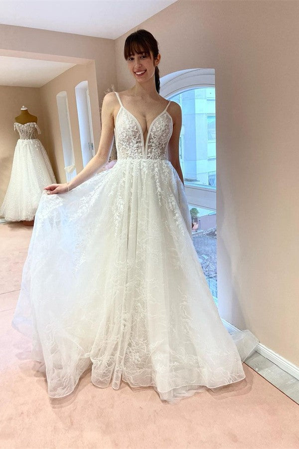 Spaghetti-Straps Bridal Dress V-Neck Sleeveless Tulle Appliques