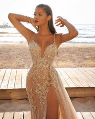 Spaghetti-Straps Lace Mermaid Wedding Dress Split With Ruffles