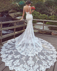 Spaghetti-Straps Lace Wedding Dress Mermaid Bridal Gowns Sleeveless