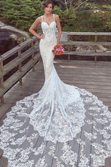 Spaghetti-Straps Lace Wedding Dress Mermaid Bridal Gowns Sleeveless