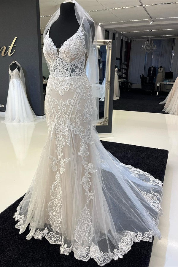 Spaghetti-Straps Lace Wedding Dress Mermaid Sleeveless