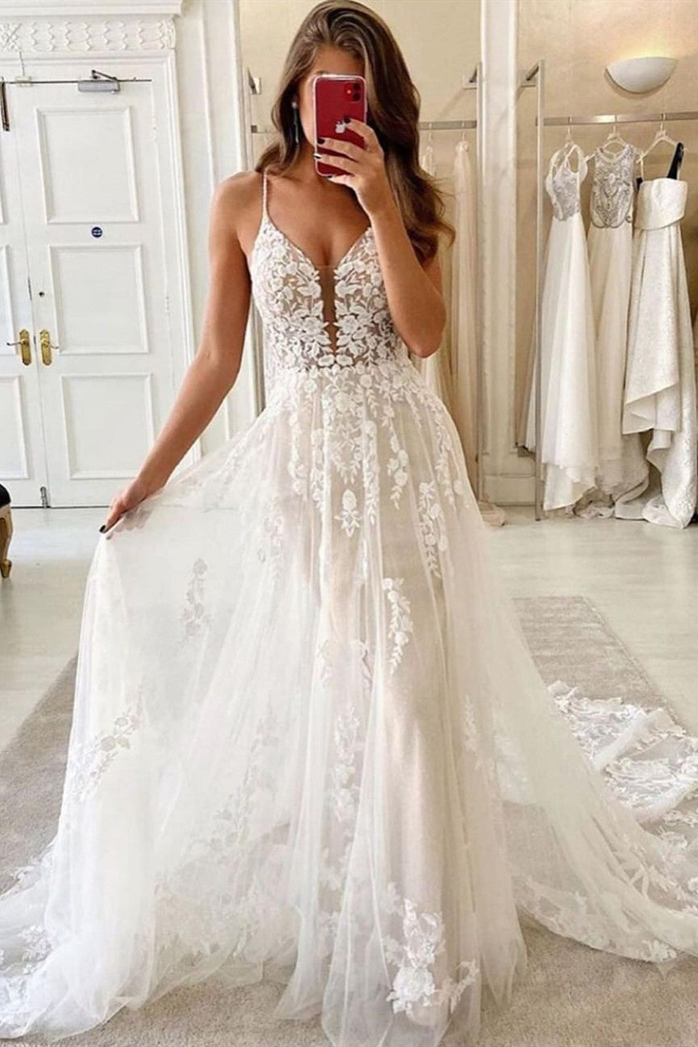 Spaghetti-Straps Lace Wedding Dress Sleeveless Online