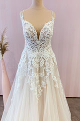 Spaghetti-Straps Lace Wedding Dress Tulle A-Line Bridal Gowns