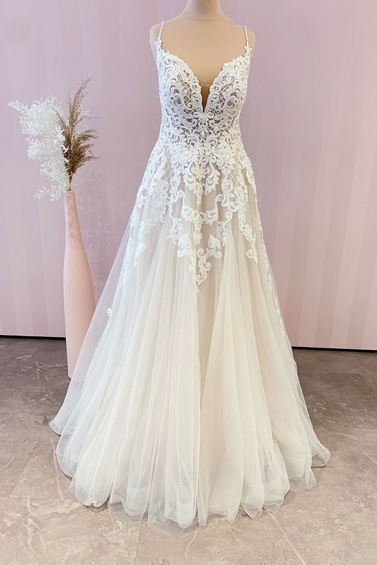 Spaghetti-Straps Lace Wedding Dress Tulle A-Line Bridal Gowns