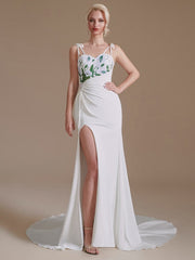 Spaghetti-Straps Mermaid Wedding Dress Split With Print