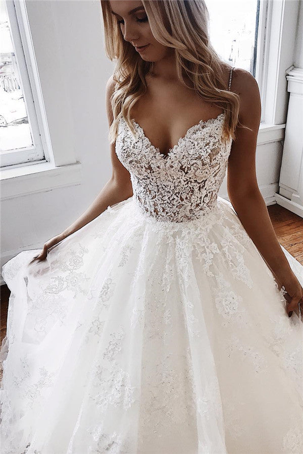 Spaghetti-Straps Open Back Lace Wedding Dress Sleeveless