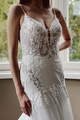 Spaghetti-Straps Open Back Wedding Dress With Appliques Sleeveless