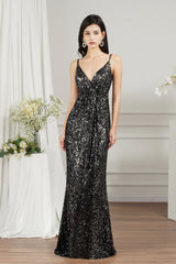 Spaghetti-Straps Sequins Bridesmaid Dress Sleeveless